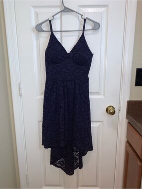 Lily Rose Navy Lace High-Low Spaghetti Strap Dress